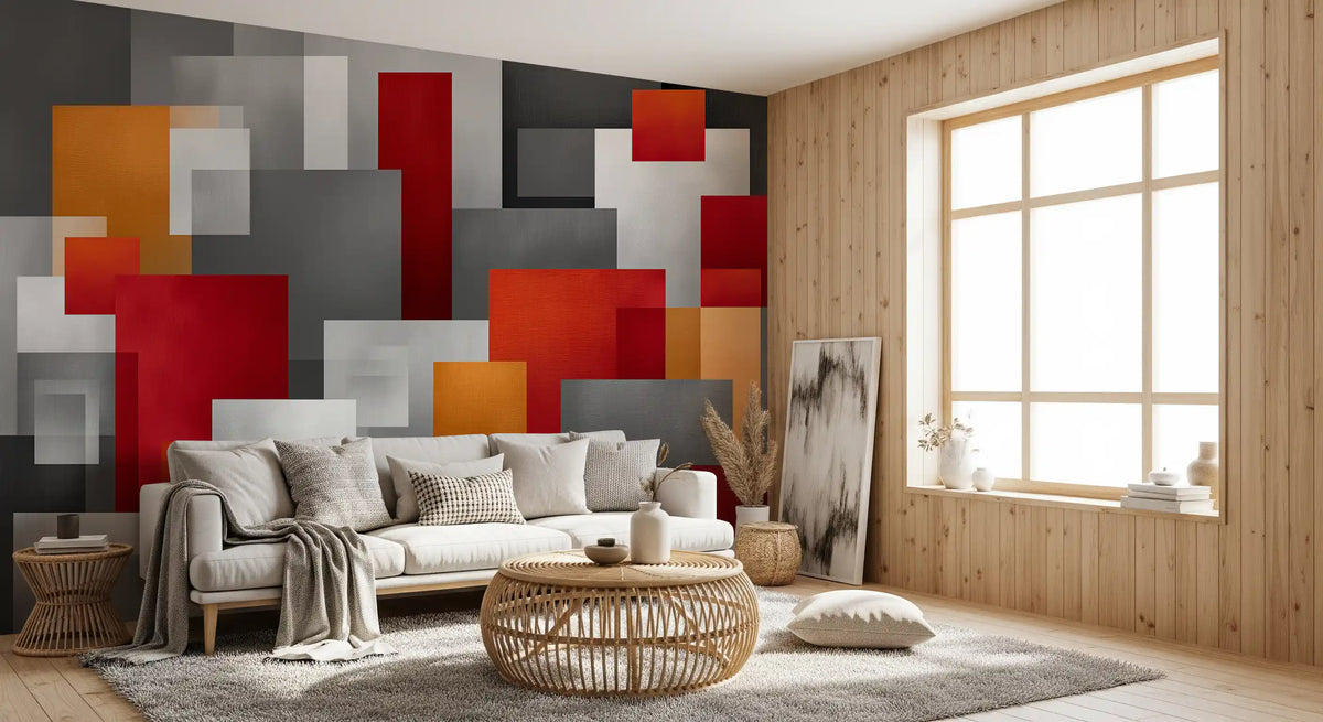 Geometric Red and Grey Block Composition Wall Mural