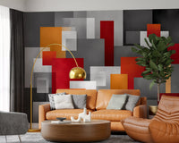 Geometric Red and Grey Block Composition Wall Mural