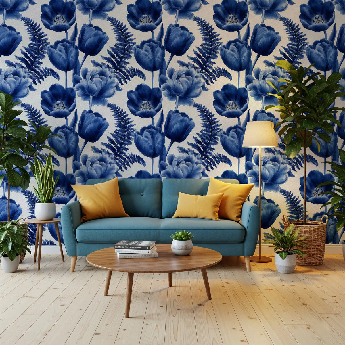 Indigo Botanical Tulip Fern Sketch Wallpaper⁠