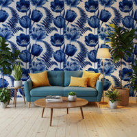 Indigo Botanical Tulip Fern Sketch Wallpaper⁠
