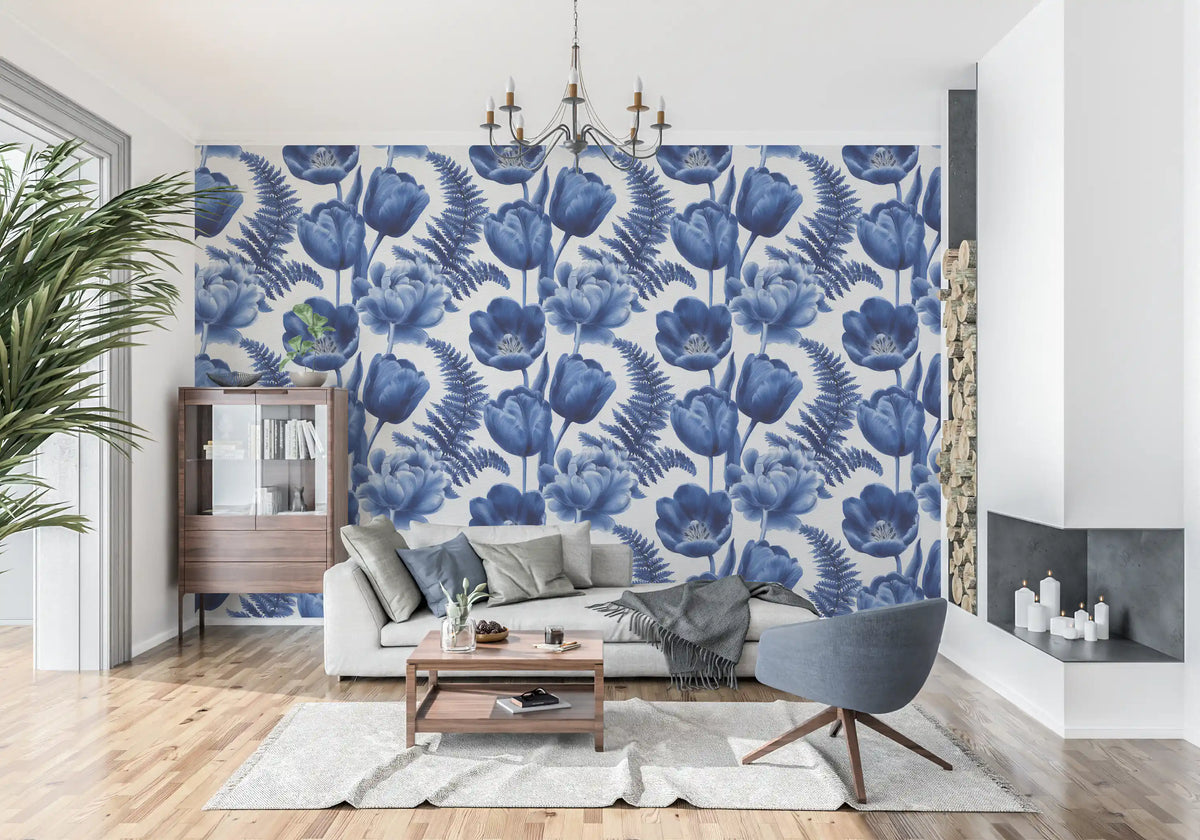 Indigo Botanical Tulip Fern Sketch Wallpaper⁠