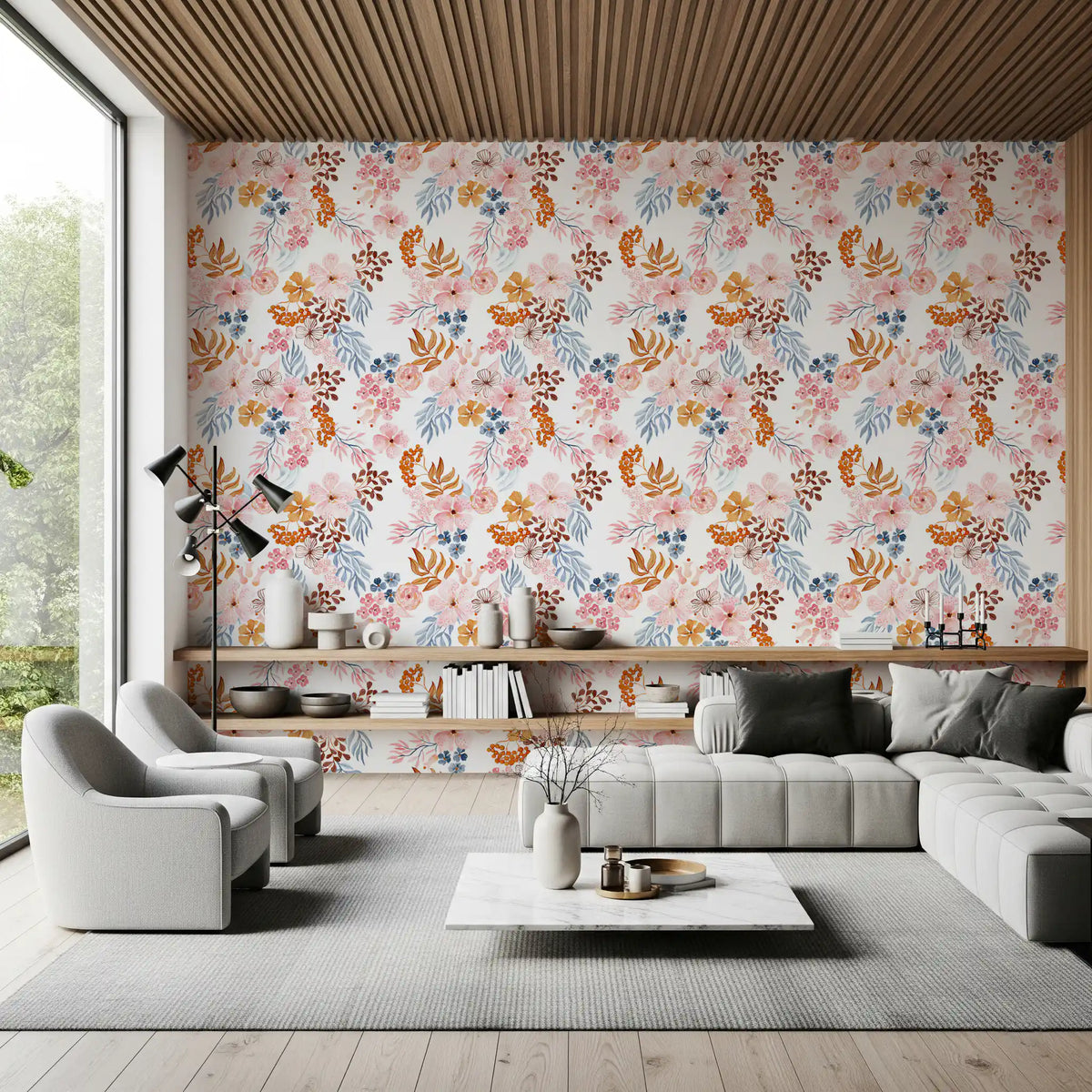 Whimsical Blush and Copper Flora Wallpaper⁠