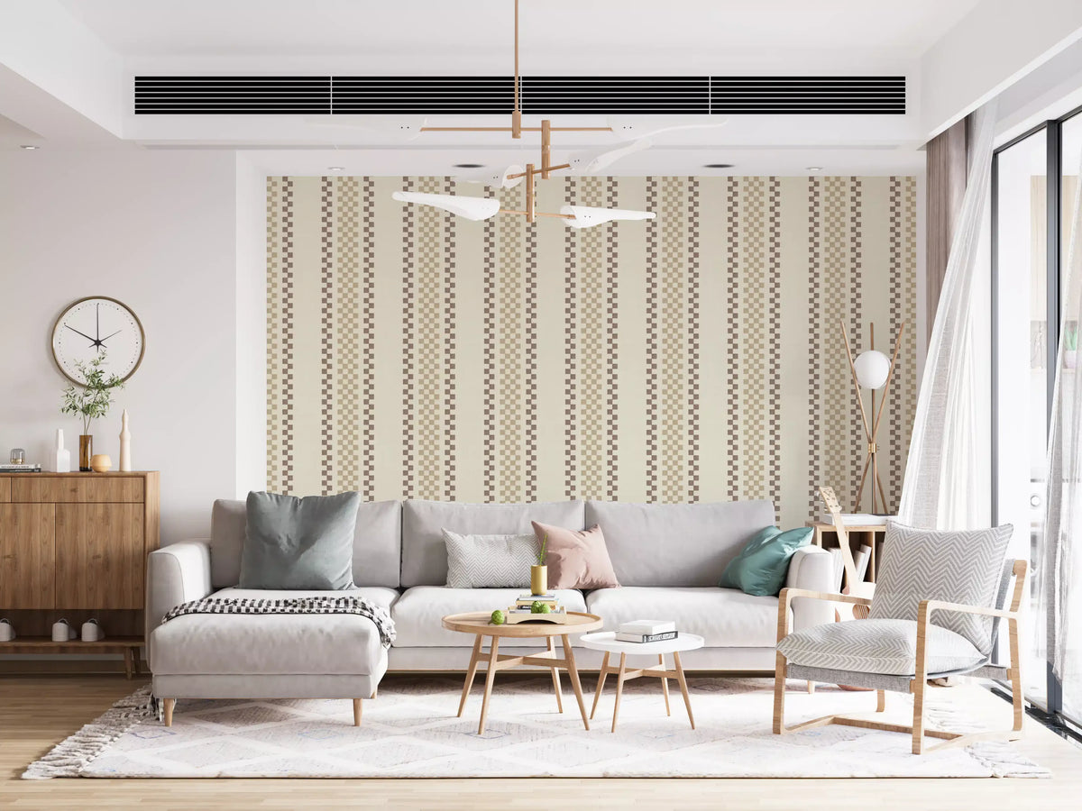 Ticking Checker Stripes - Beige & Chocolate Wallpaper⁠