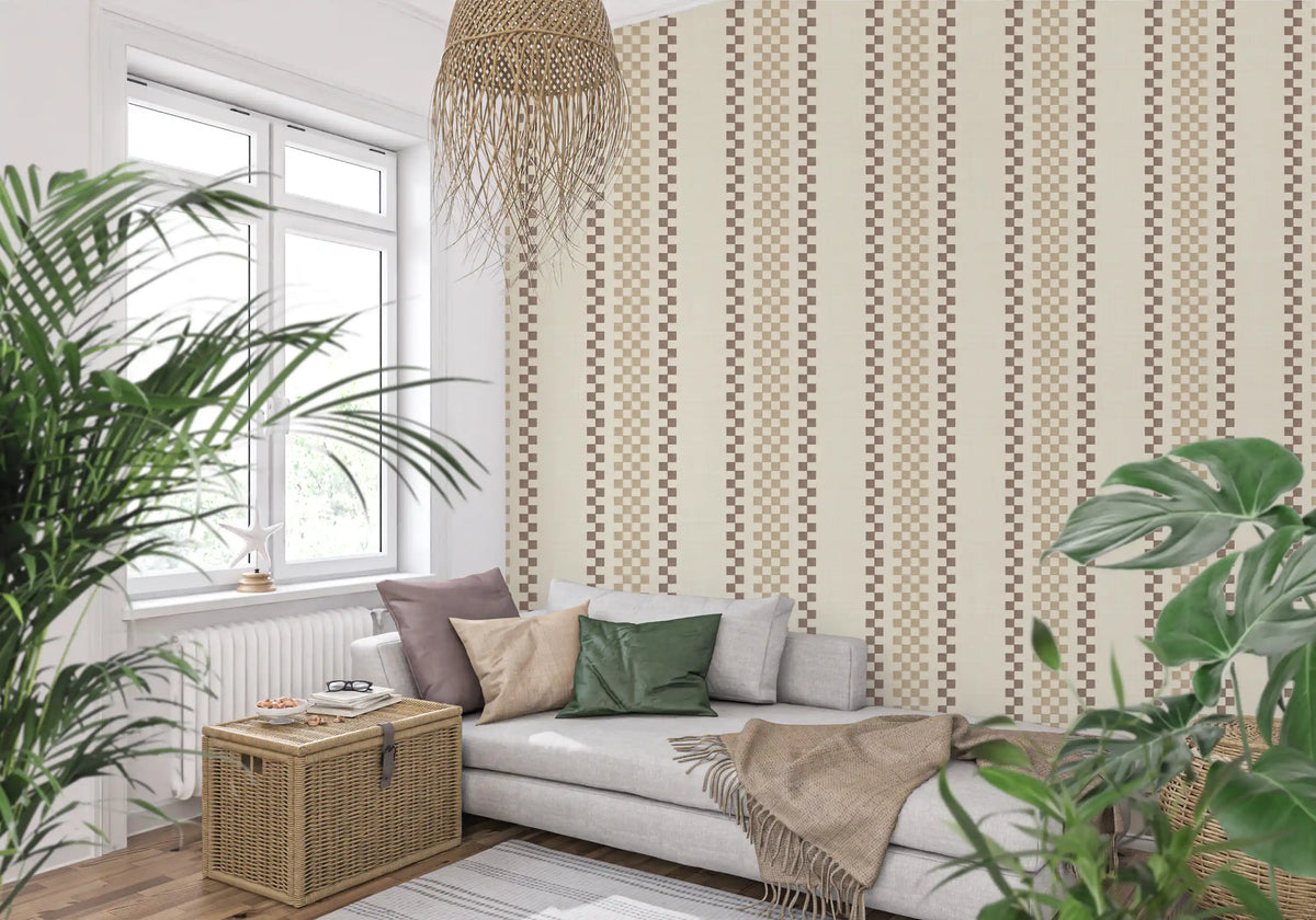 Ticking Checker Stripes - Beige & Chocolate Wallpaper⁠