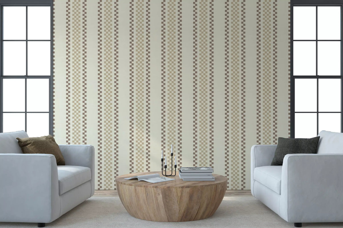 Ticking Checker Stripes - Beige & Chocolate Wallpaper⁠