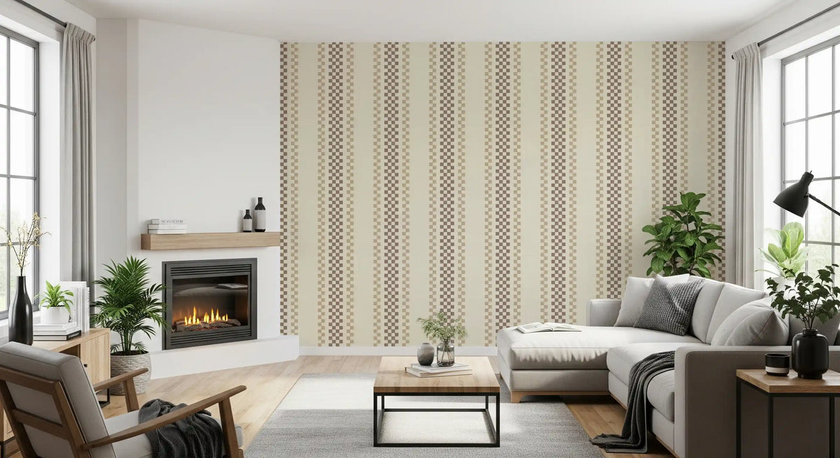 Ticking Checker Stripes - Chocolate & Beige Wallpaper⁠