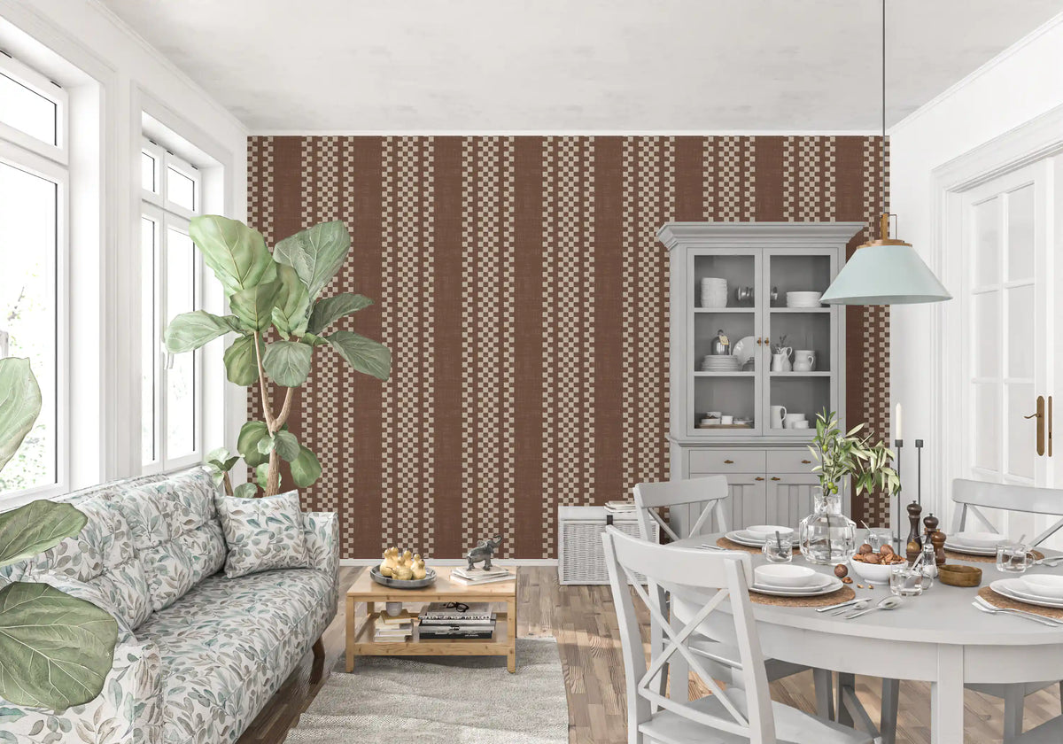 Ticking Checker Stripes - Chocolate Canvas Wallpaper⁠