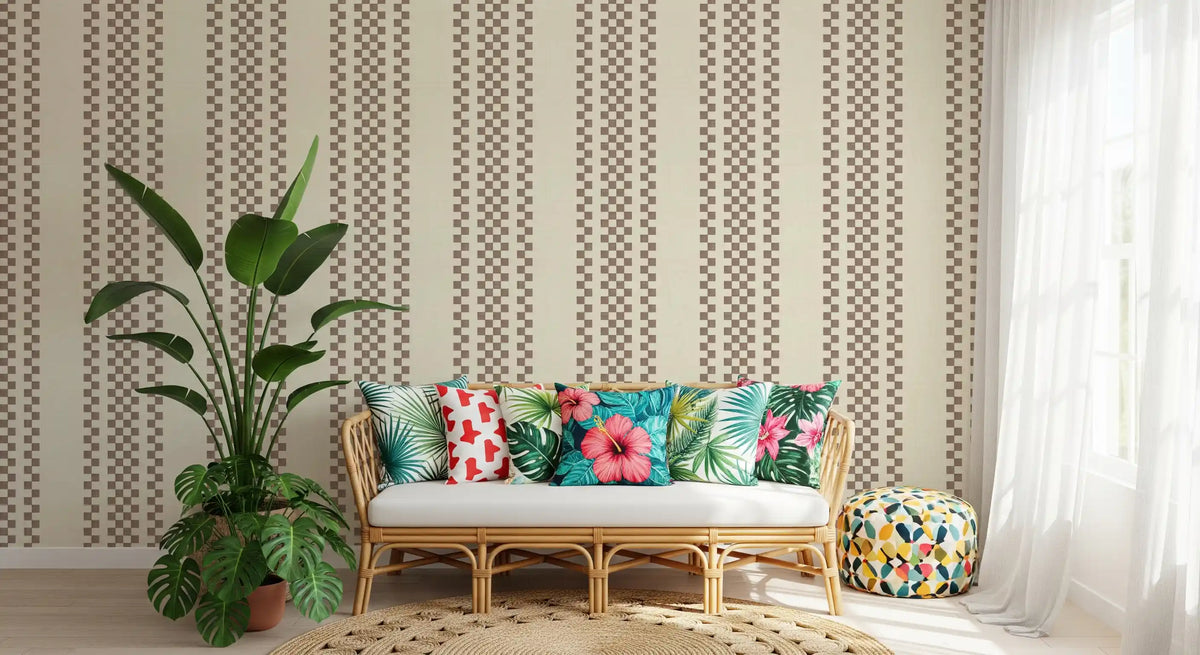 Ticking Checker Stripes - Chocolate Wallpaper⁠