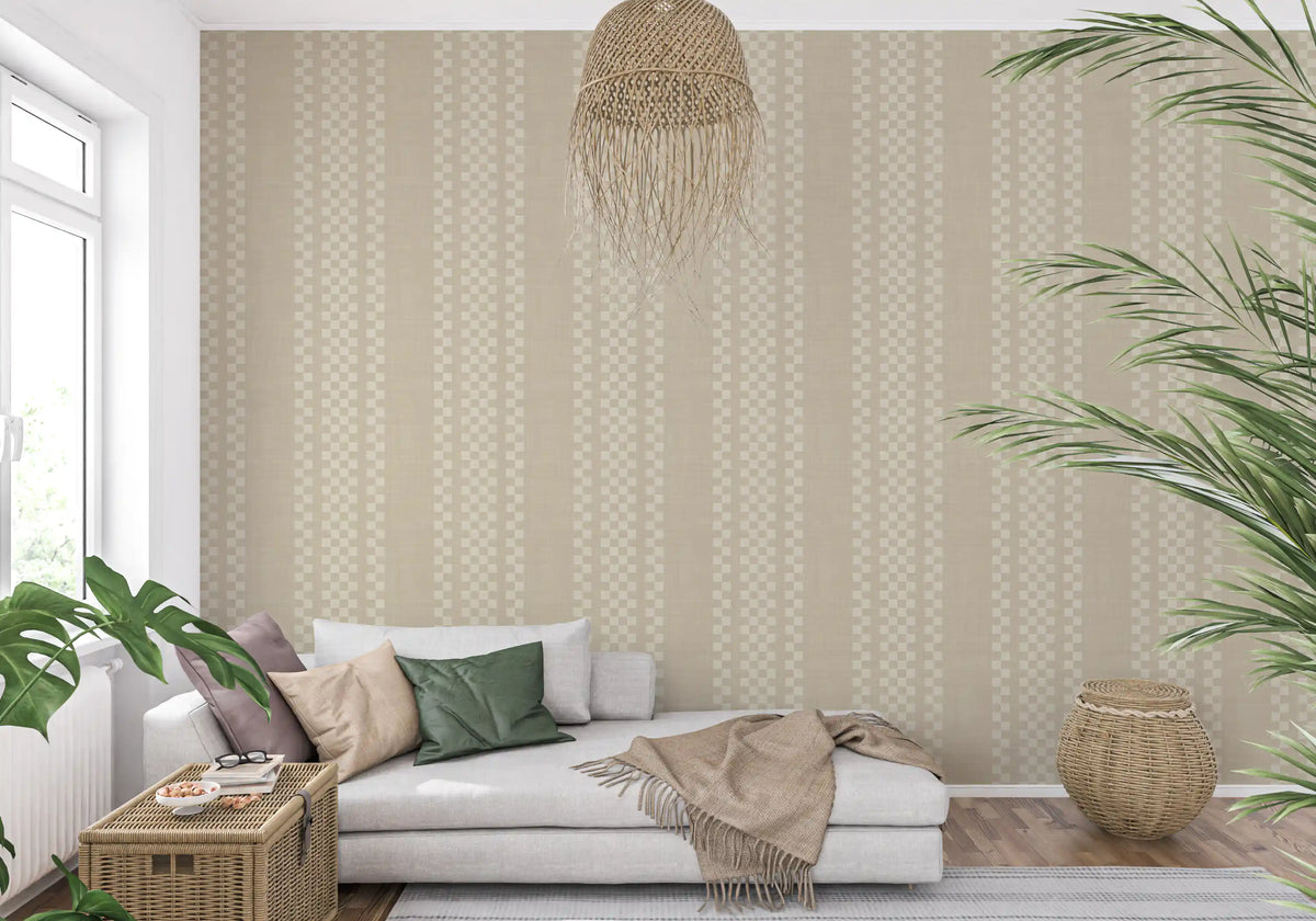 Ticking Checker Stripes - Cream Canvas Wallpaper⁠