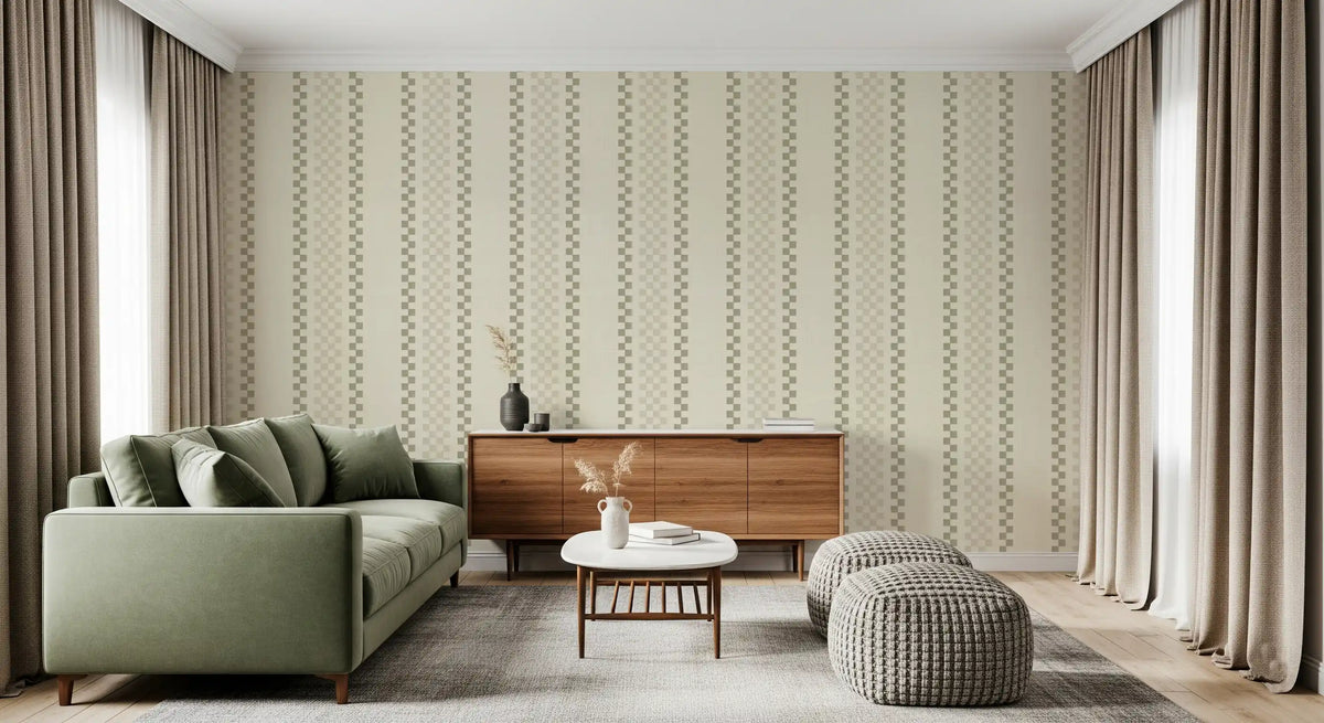 Ticking Checker Stripes - Cream & Sage Wallpaper⁠