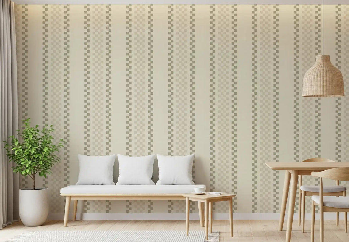 Ticking Checker Stripes - Cream & Sage Wallpaper⁠