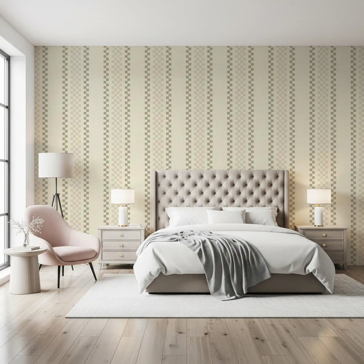 Ticking Checker Stripes - Cream & Sage Wallpaper⁠