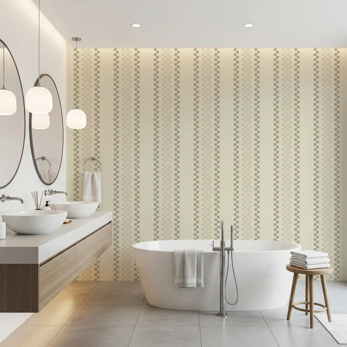 Ticking Checker Stripes - Cream & Sage Wallpaper⁠
