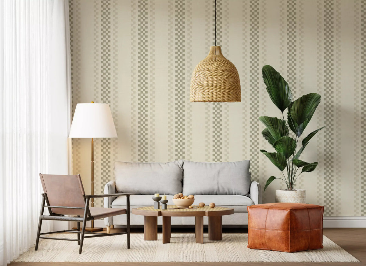 Ticking Checker Stripes - Sage & Cream Wallpaper⁠