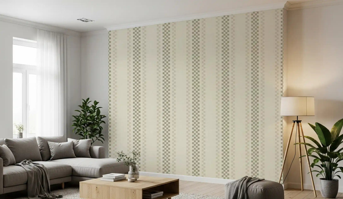 Ticking Checker Stripes - Sage & Cream Wallpaper⁠