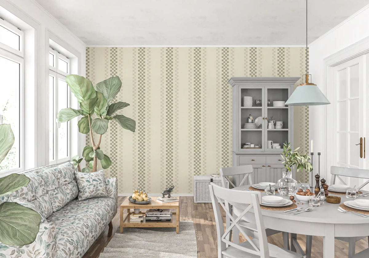 Ticking Checker Stripes - Sage & Cream Wallpaper⁠