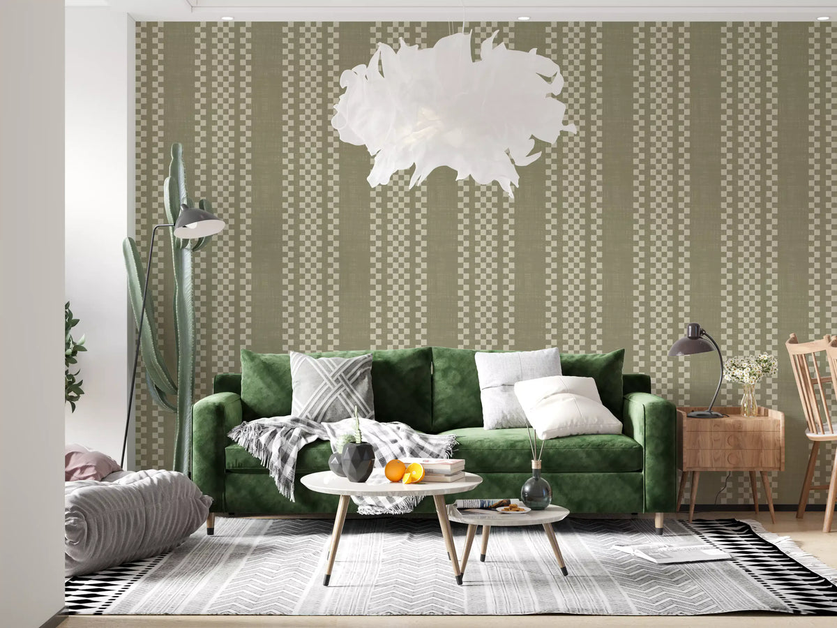 Ticking Checker Stripes - Sage Canvas Wallpaper⁠