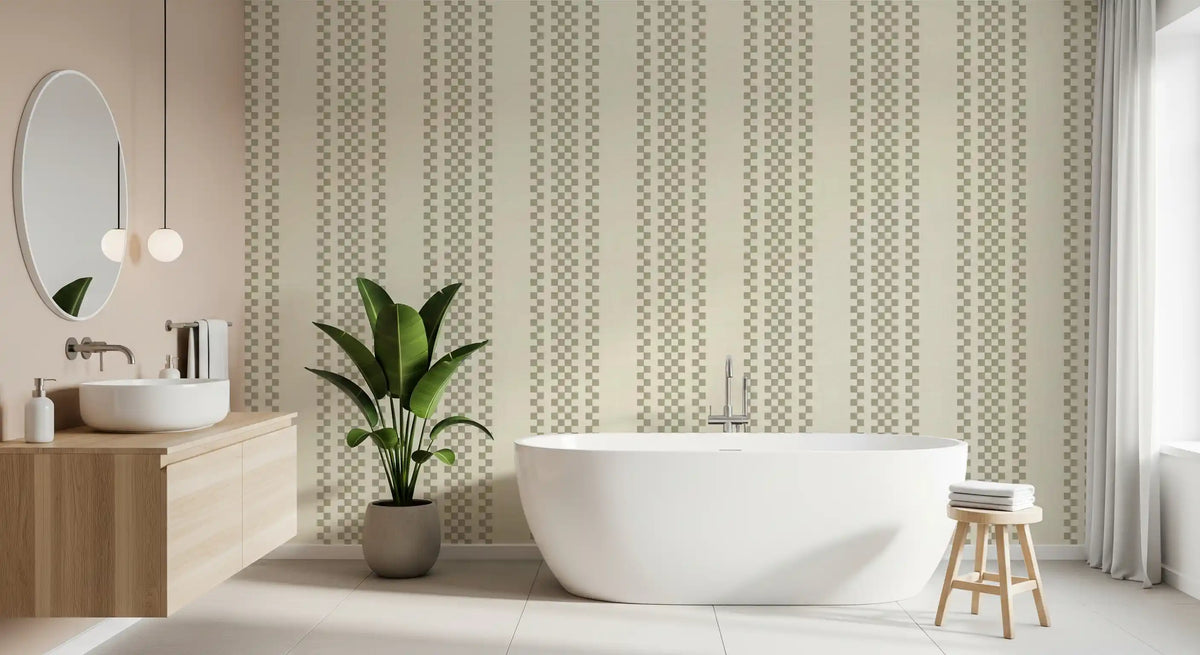Ticking Checker Stripes - Sage Wallpaper⁠
