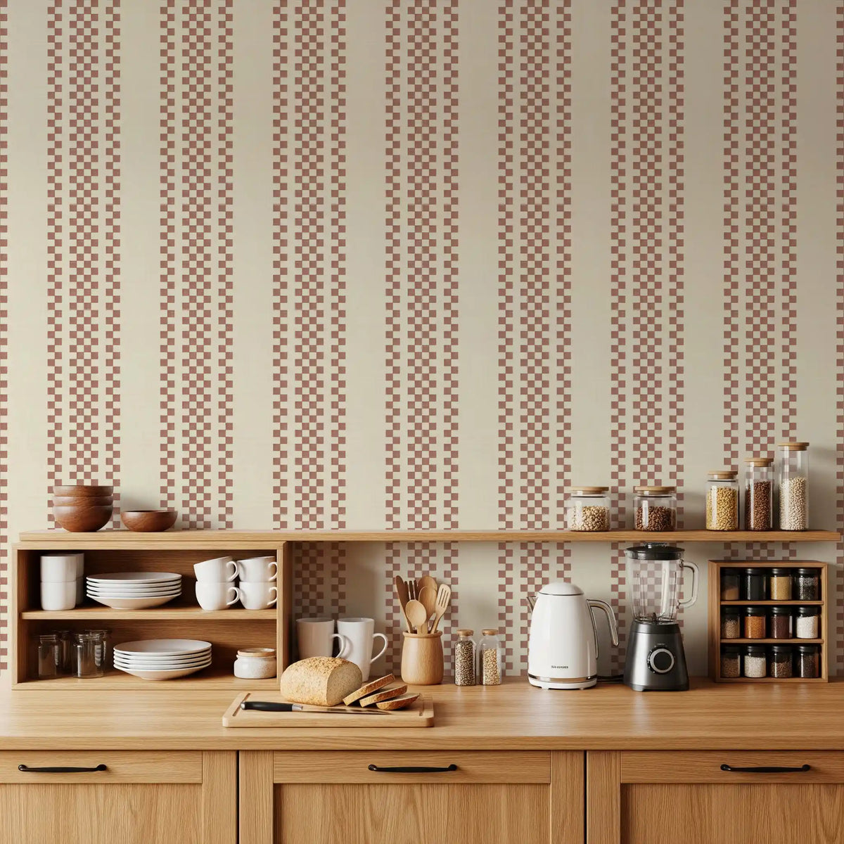 Ticking Checker Stripes - Terracotta Wallpaper⁠