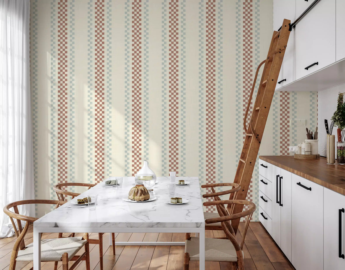 Ticking Checker Stripes - Terracotta & Watery Wallpaper⁠