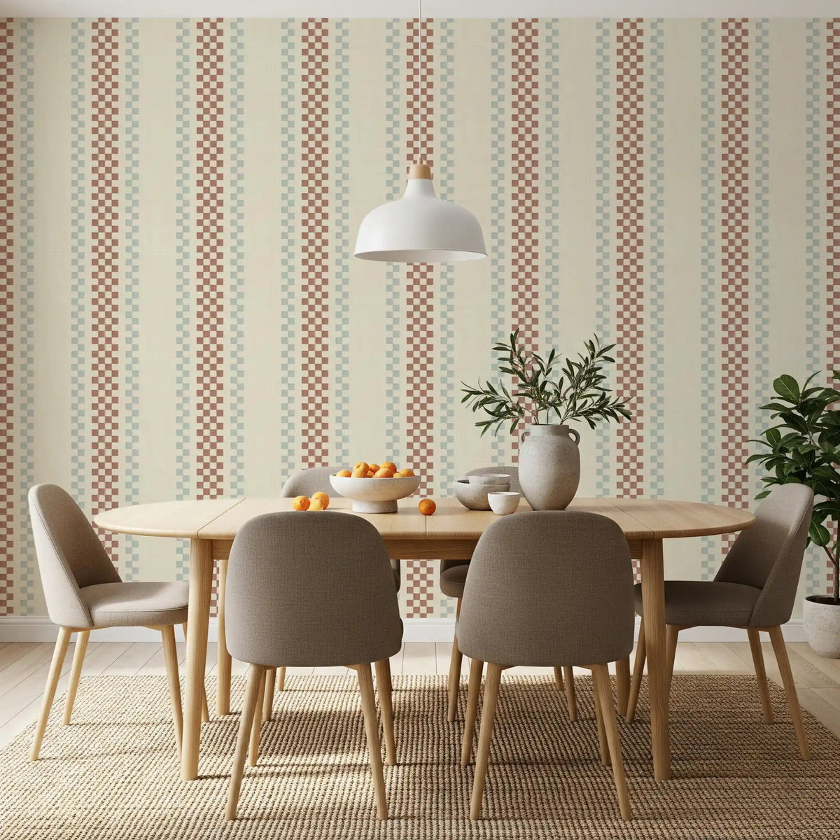 Ticking Checker Stripes - Terracotta & Watery Wallpaper⁠