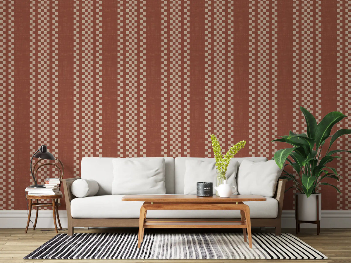 Ticking Checker Stripes - Terracotta Canvas Wallpaper⁠