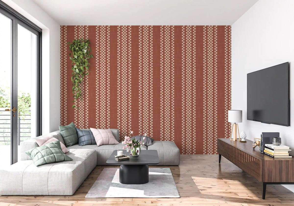 Ticking Checker Stripes - Terracotta Canvas Wallpaper⁠