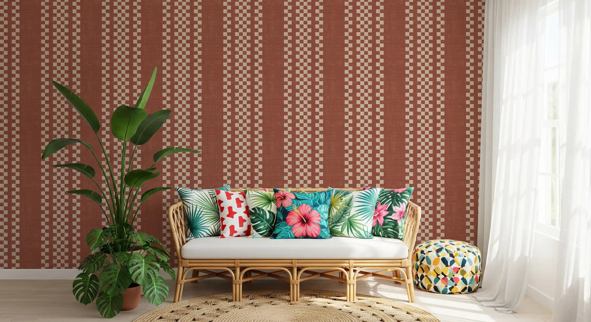 Ticking Checker Stripes - Terracotta Canvas Wallpaper⁠