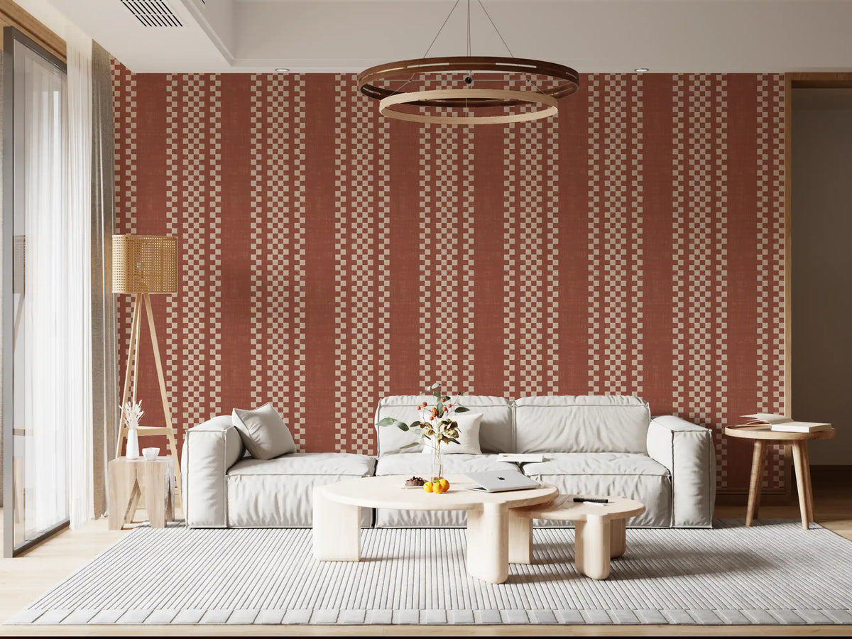 Ticking Checker Stripes - Terracotta Canvas Wallpaper⁠