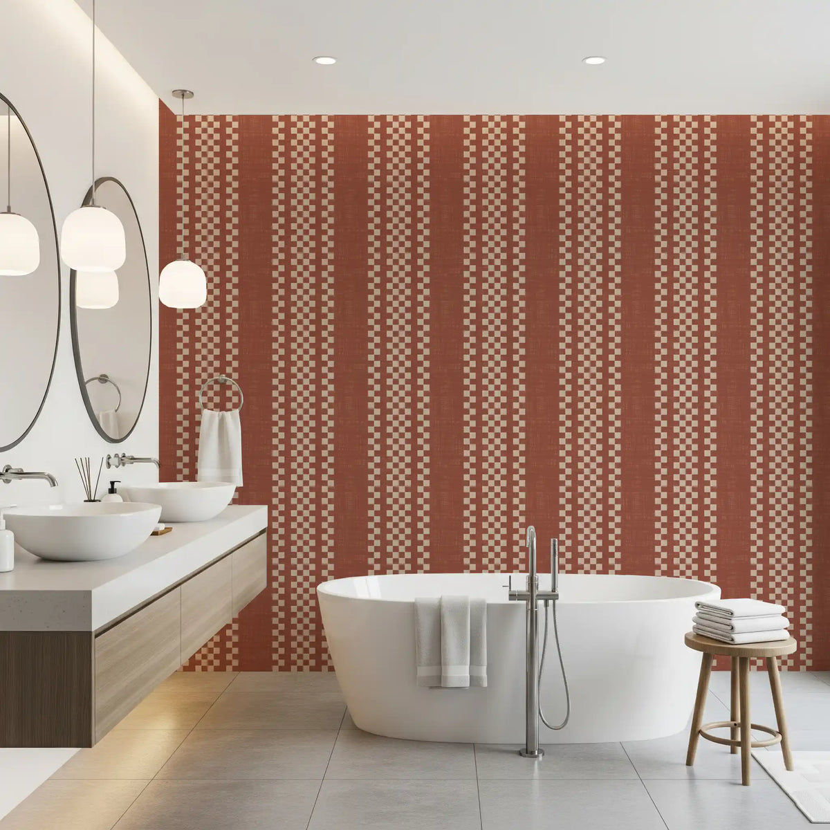 Ticking Checker Stripes - Terracotta Canvas Wallpaper⁠