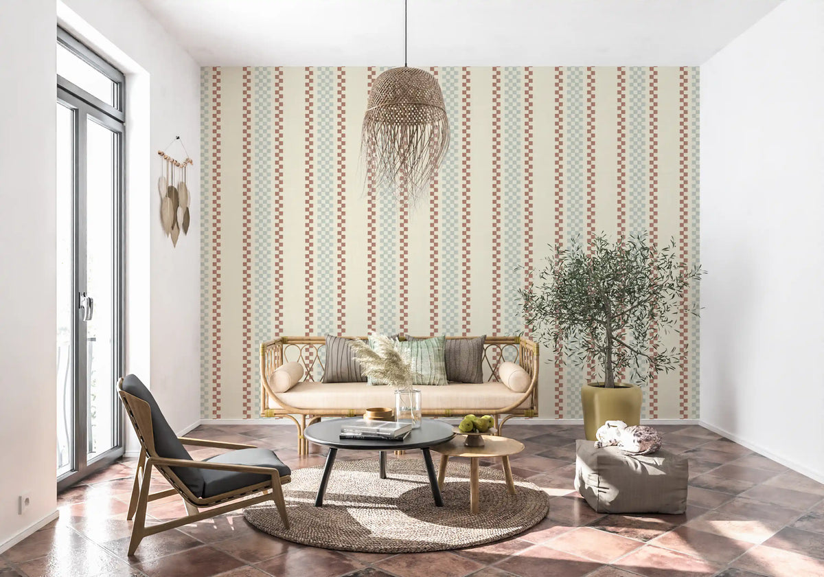 Ticking Checker Stripes - Watery & Terracotta Wallpaper⁠