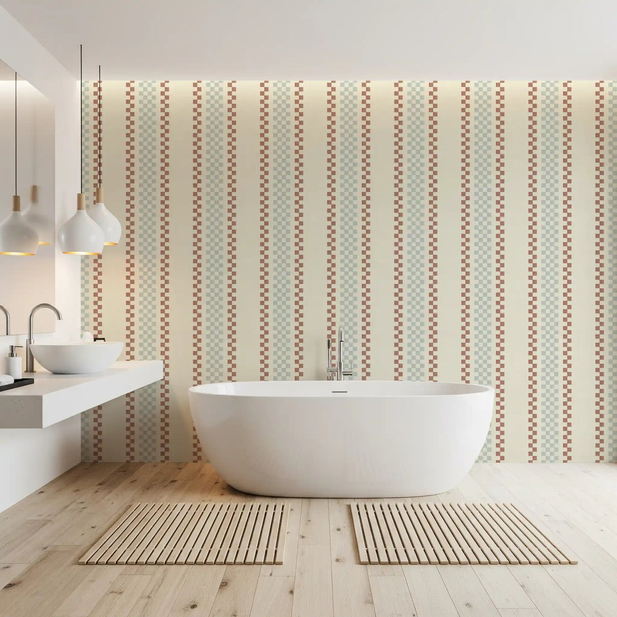 Ticking Checker Stripes - Watery & Terracotta Wallpaper⁠