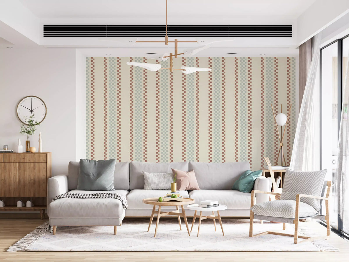Ticking Checker Stripes - Watery & Terracotta Wallpaper⁠