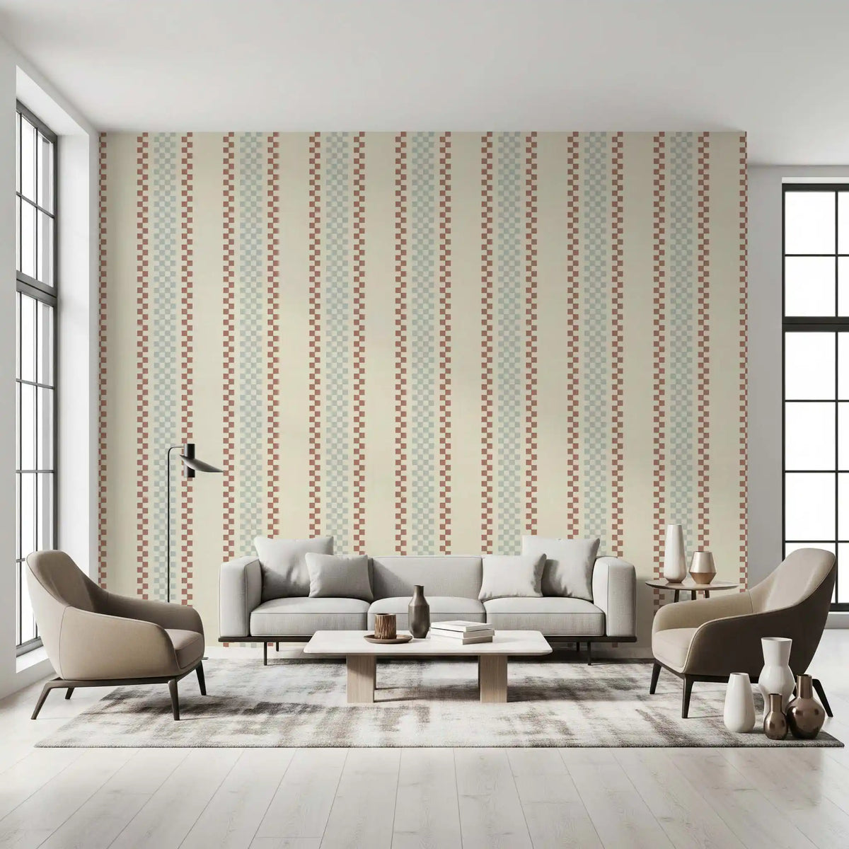 Ticking Checker Stripes - Watery & Terracotta Wallpaper⁠