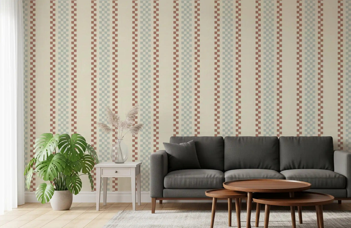 Ticking Checker Stripes - Watery & Terracotta Wallpaper⁠