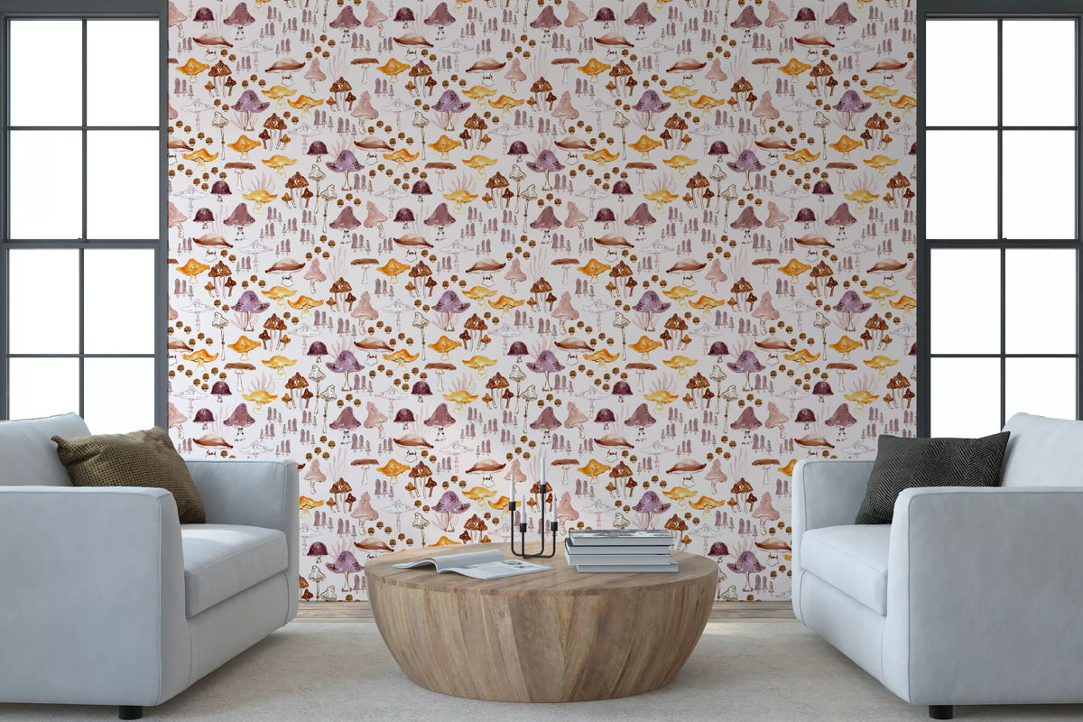 Watercolor Woodland Mushroom Pattern Wallpaper⁠