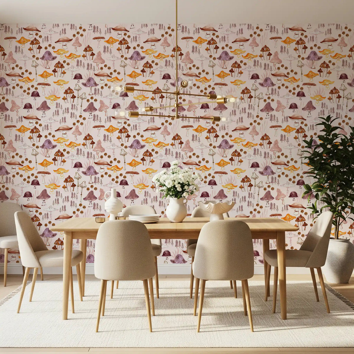 Watercolor Woodland Mushroom Pattern Wallpaper⁠