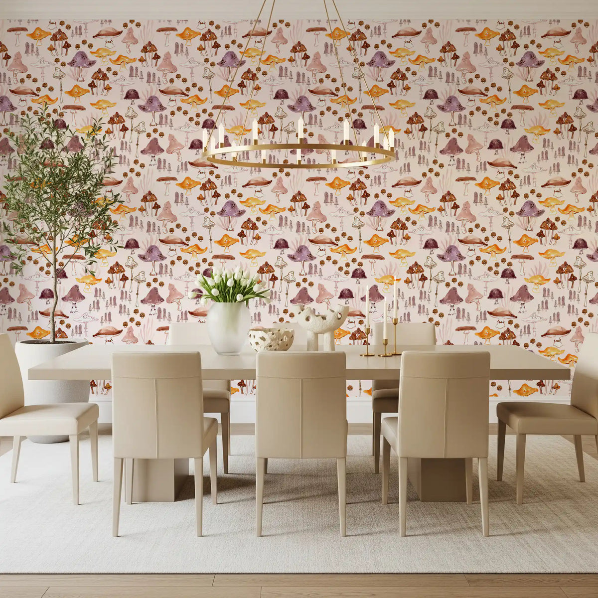 Watercolor Woodland Mushroom Pattern Wallpaper⁠