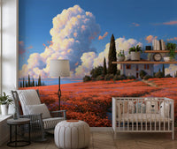 Tuscan Poppy Meadow Villa Wall Mural