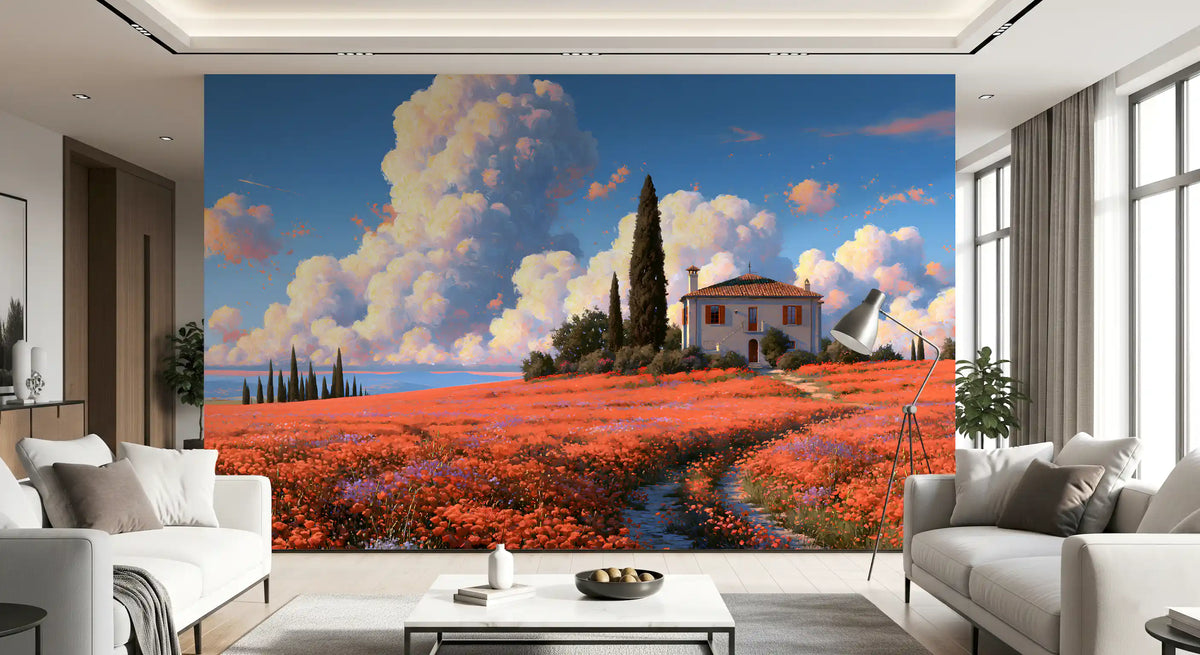 Tuscan Poppy Meadow Villa Wall Mural