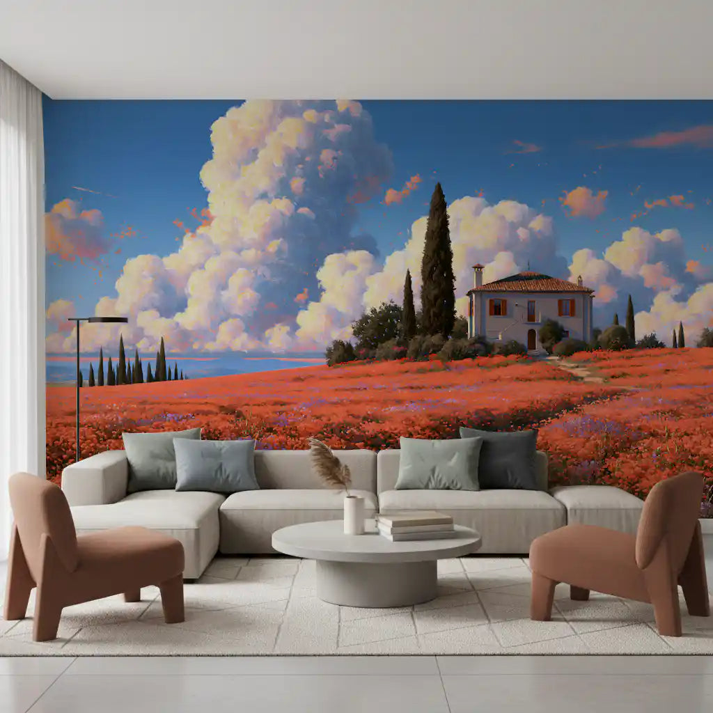 Tuscan Poppy Meadow Villa Wall Mural