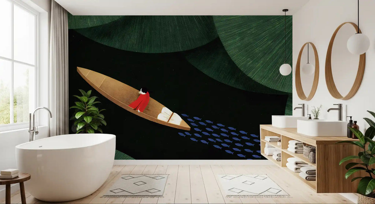 Lone Traveler Amidst Green Lily Pads Wall Mural