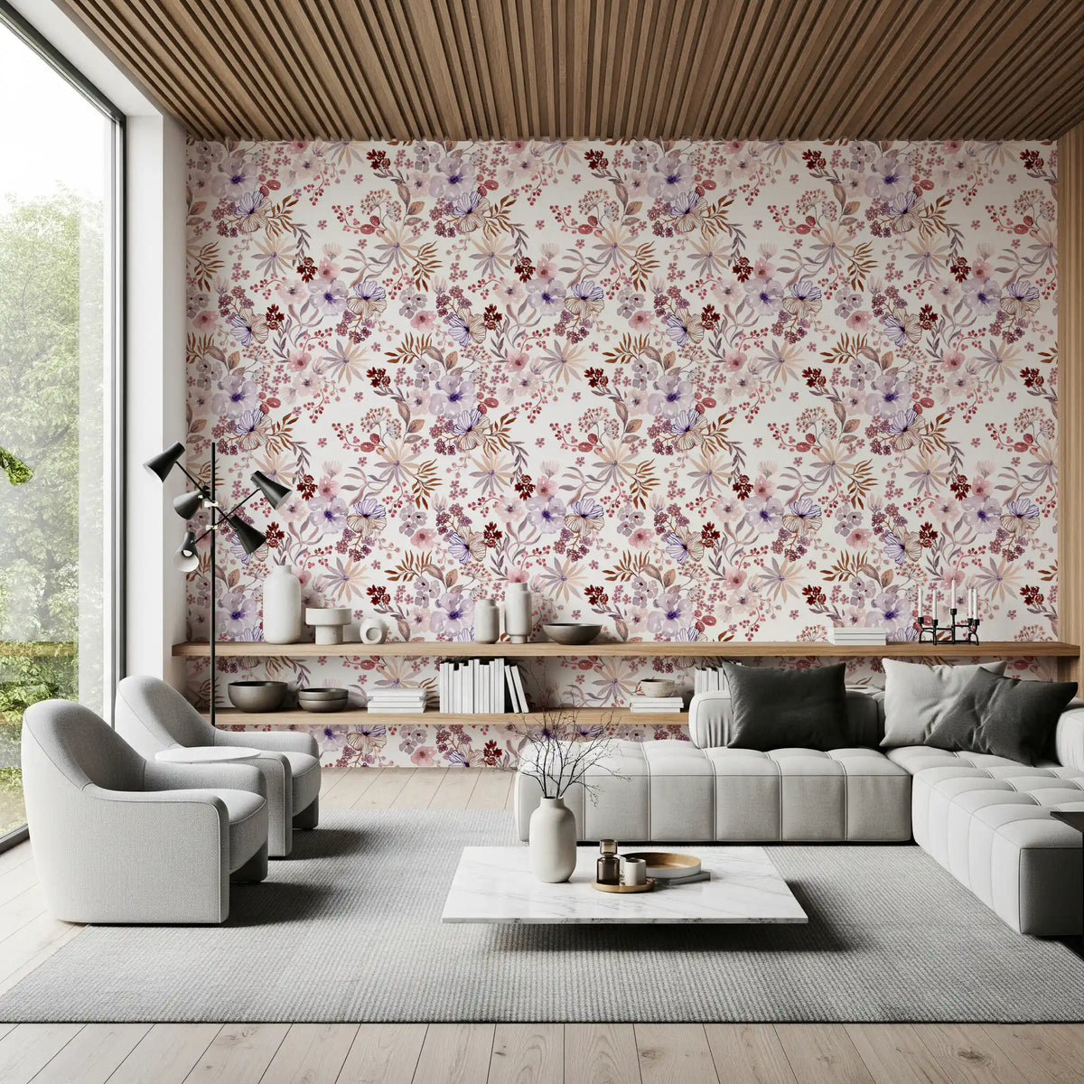 Boho Mauve Botanical Sketch Wallpaper⁠