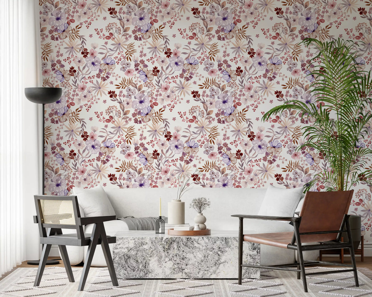 Boho Mauve Botanical Sketch Wallpaper⁠