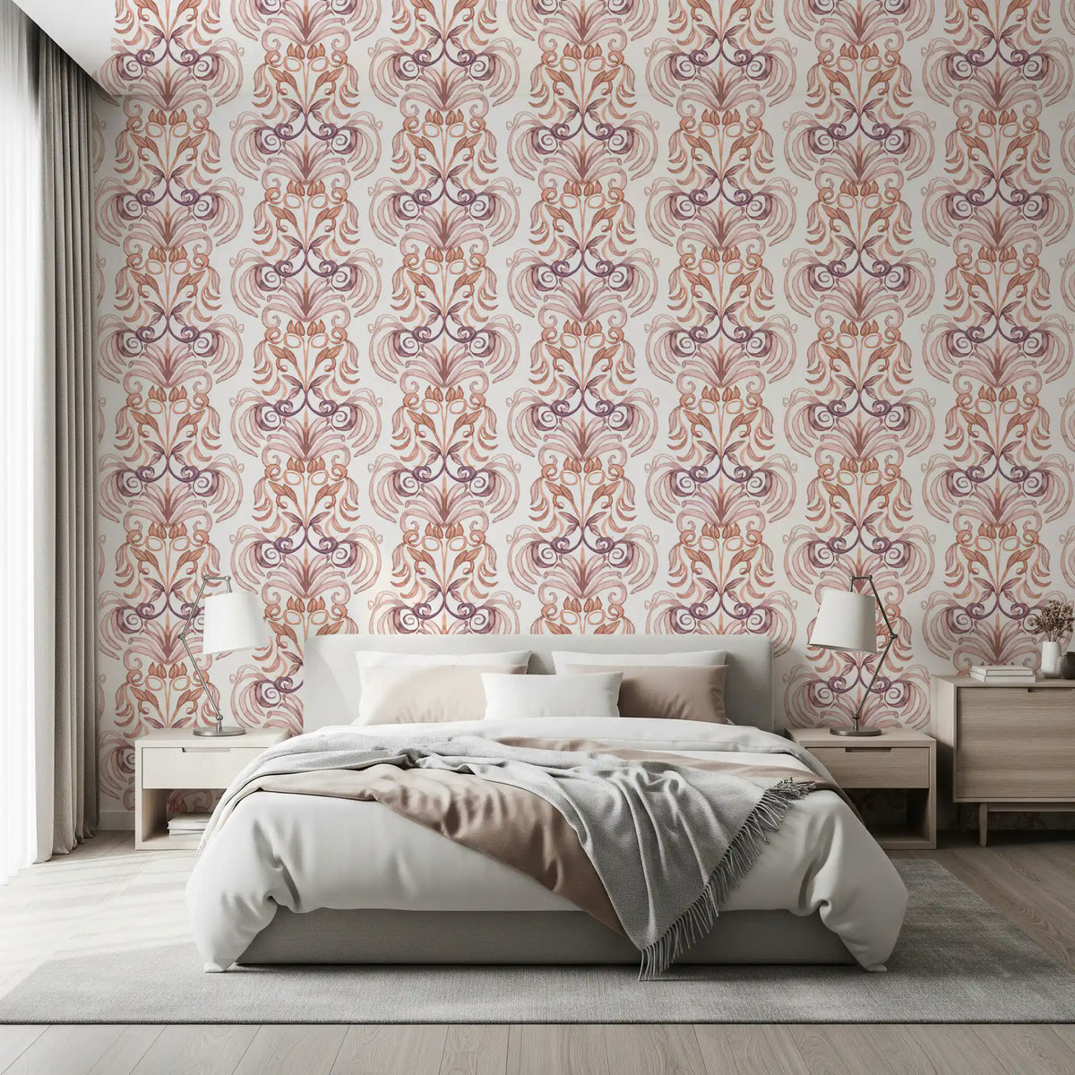 Soft Watercolor Damask Swirls Wallpaper⁠