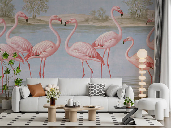 Flamingo Oasis Riverside Scene Wall Mural