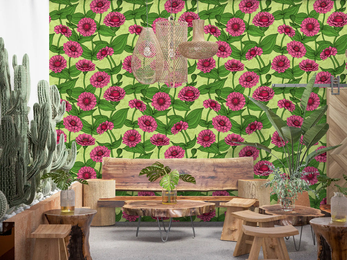 Garden Zinnia Botanical Illustration Wallpaper⁠