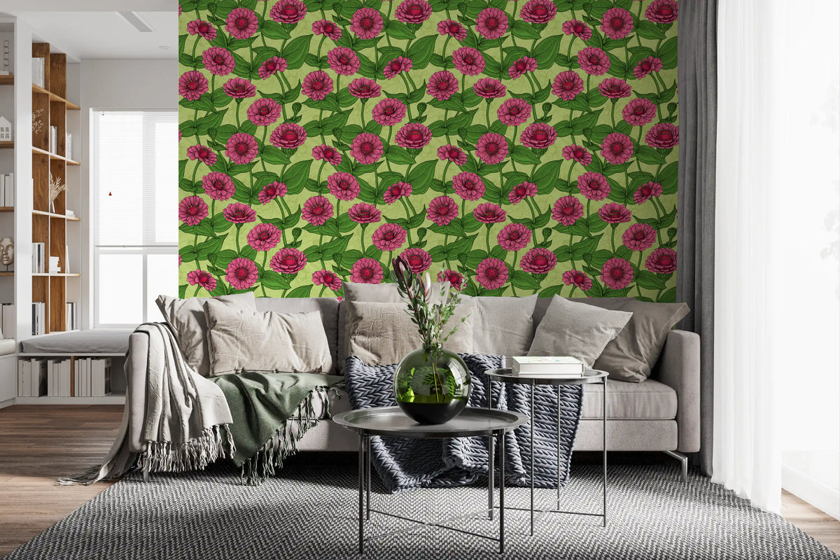 Garden Zinnia Botanical Illustration Wallpaper⁠
