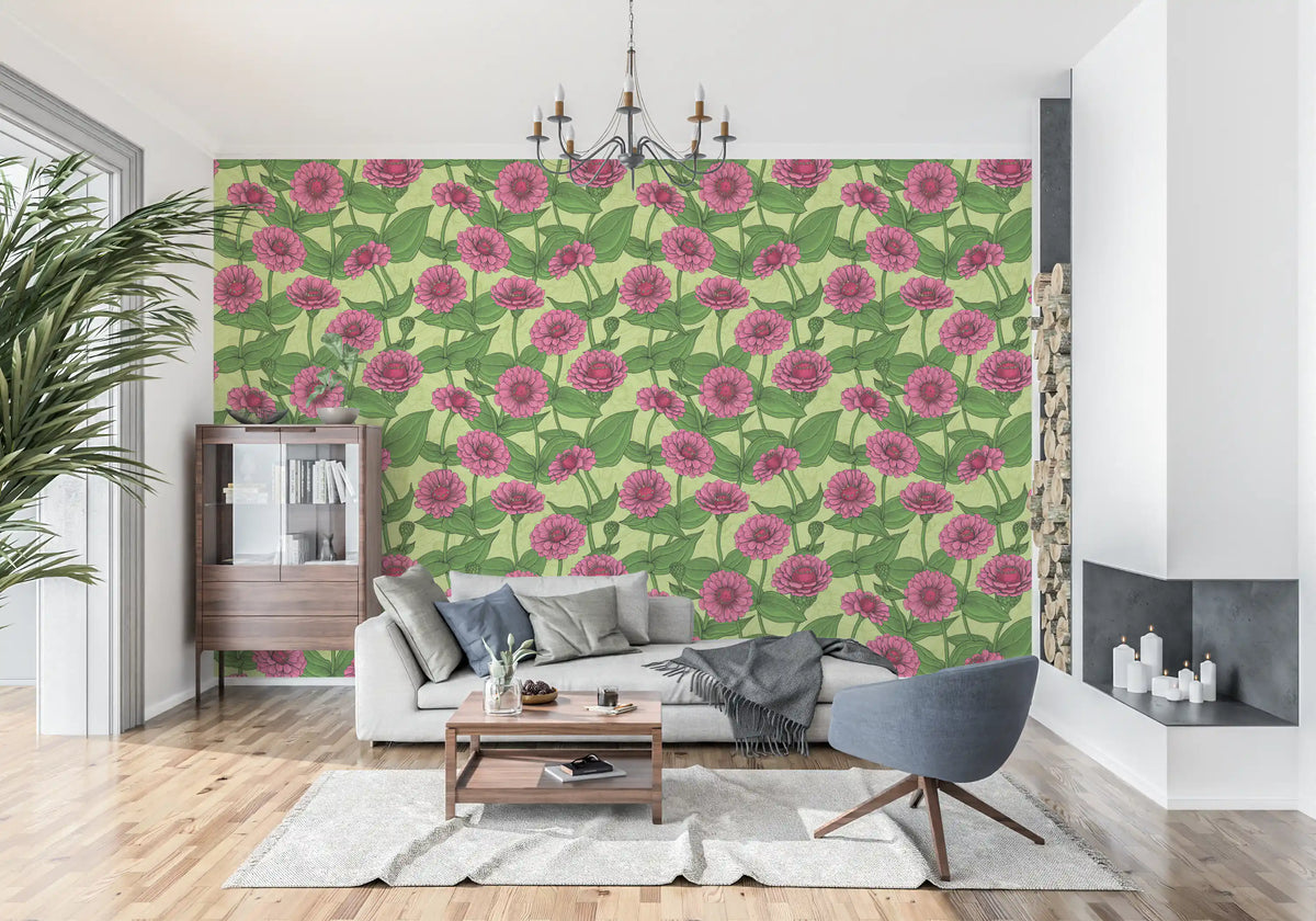 Garden Zinnia Botanical Illustration Wallpaper⁠