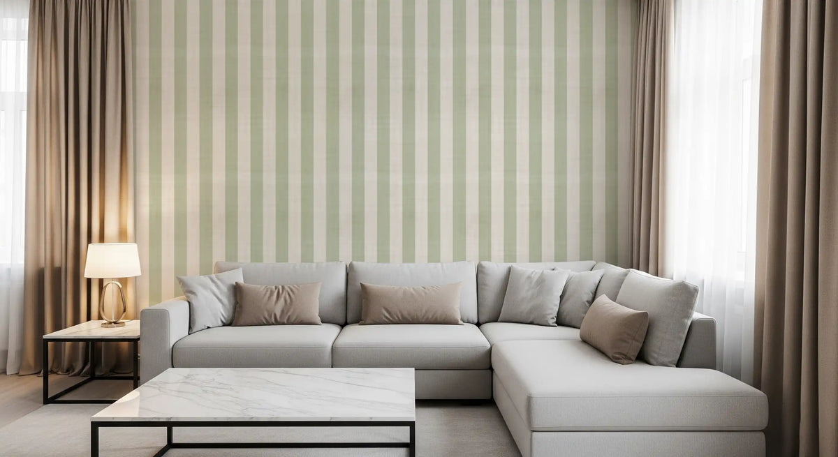 Green and White Stripe Linen Look Texture Wallpaper⁠